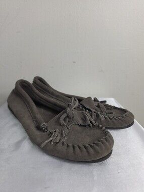 Minnetonka Taupe Suede Moccasin Loafers with Tassel Detail